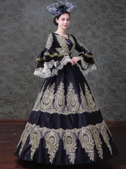 Vintage Womens Victorian Rococo Lace Flared Sleeves V-Neck Embroidery Path Ball Gown Dress