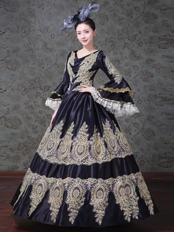 Vintage Womens Victorian Rococo Lace Flared Sleeves V-Neck Embroidery Path Ball Gown Dress