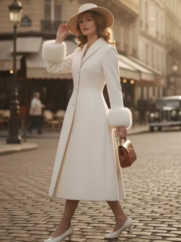 Vintage A-line Woolen Flared Midi Coat With Detachable faux fur cuffs In White 2026