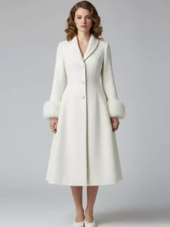 Vintage A-line Woolen Flared Midi Coat With Detachable faux fur cuffs In White 2026