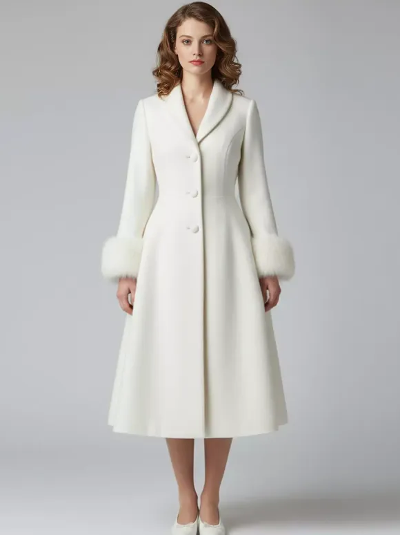 Vintage A-line Woolen Flared Midi Coat With Detachable faux fur cuffs In White 2026
