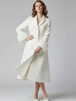 Vintage A-line Woolen Flared Midi Coat With Detachable faux fur cuffs In White 2026