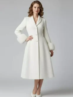 Vintage A-line Woolen Flared Midi Coat With Detachable faux fur cuffs In White 2026