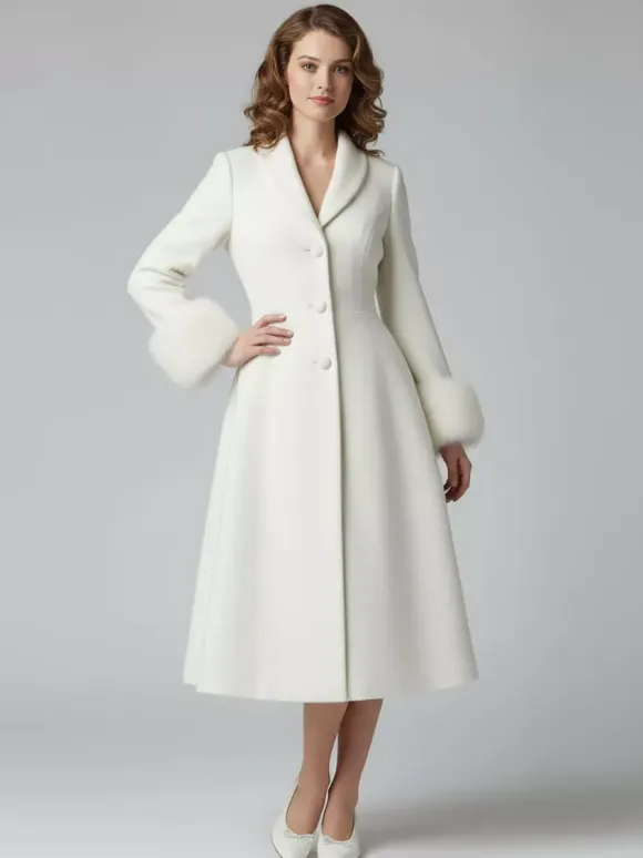 Vintage A-line Woolen Flared Midi Coat With Detachable faux fur cuffs In White 2026