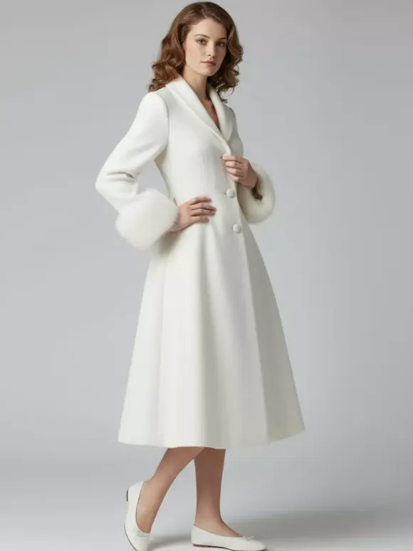 Vintage A-line Woolen Flared Midi Coat With Detachable faux fur cuffs In White 2026