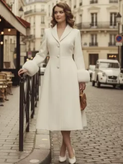 Vintage A-line Woolen Flared Midi Coat With Detachable faux fur cuffs In White 2026