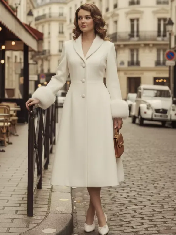 Vintage A-line Woolen Flared Midi Coat With Detachable faux fur cuffs In White 2026