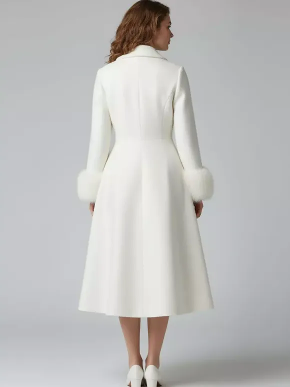 Vintage A-line Woolen Flared Midi Coat With Detachable faux fur cuffs In White 2026