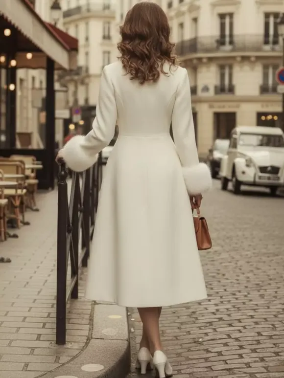 Vintage A-line Woolen Flared Midi Coat With Detachable faux fur cuffs In White 2026