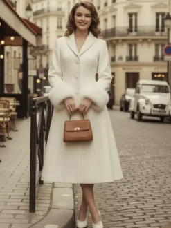 Vintage A-line Woolen Flared Midi Coat With Detachable faux fur cuffs In White 2026
