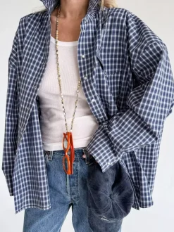 Vintage Blue Gingham Oversized Long Sleeve Button Down Shirt