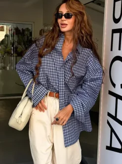 Vintage Blue Gingham Oversized Long Sleeve Button Down Shirt