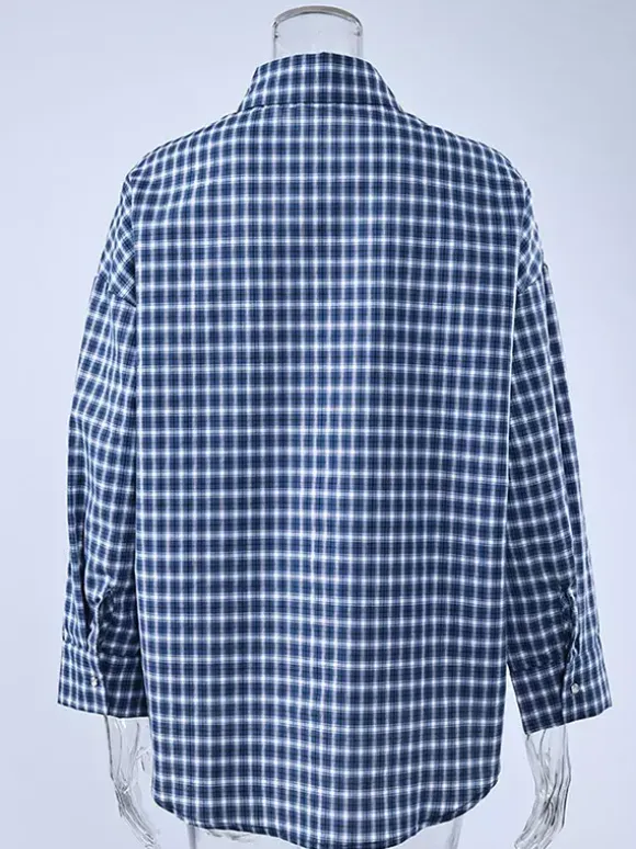 Vintage Blue Gingham Oversized Long Sleeve Button Down Shirt
