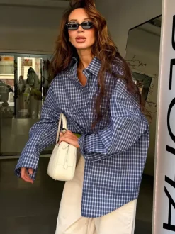 Vintage Blue Gingham Oversized Long Sleeve Button Down Shirt