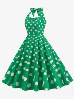 Vintage Chic Pink Polka Dot Halter Midi Dress