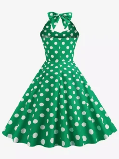 Vintage Chic Pink Polka Dot Halter Midi Dress