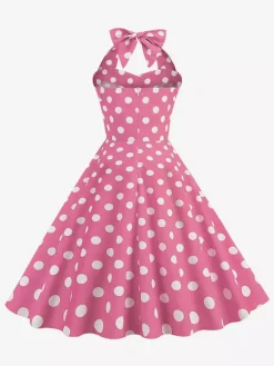 Vintage Chic Pink Polka Dot Halter Midi Dress