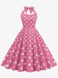 Vintage Chic Pink Polka Dot Halter Midi Dress