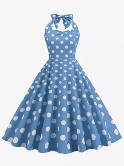 Vintage Chic Pink Polka Dot Halter Midi Dress
