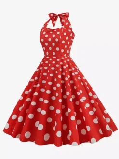 Vintage Chic Pink Polka Dot Halter Midi Dress