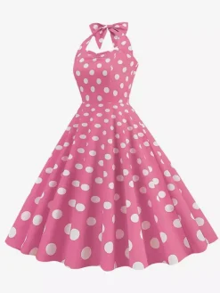 Vintage Chic Pink Polka Dot Halter Midi Dress