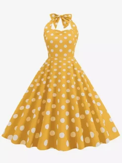 Vintage Chic Pink Polka Dot Halter Midi Dress