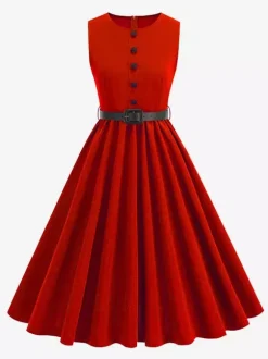 Vintage Chic Red Fitted Waist Midi Dress