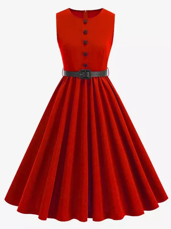 Vintage Chic Red Fitted Waist Midi Dress