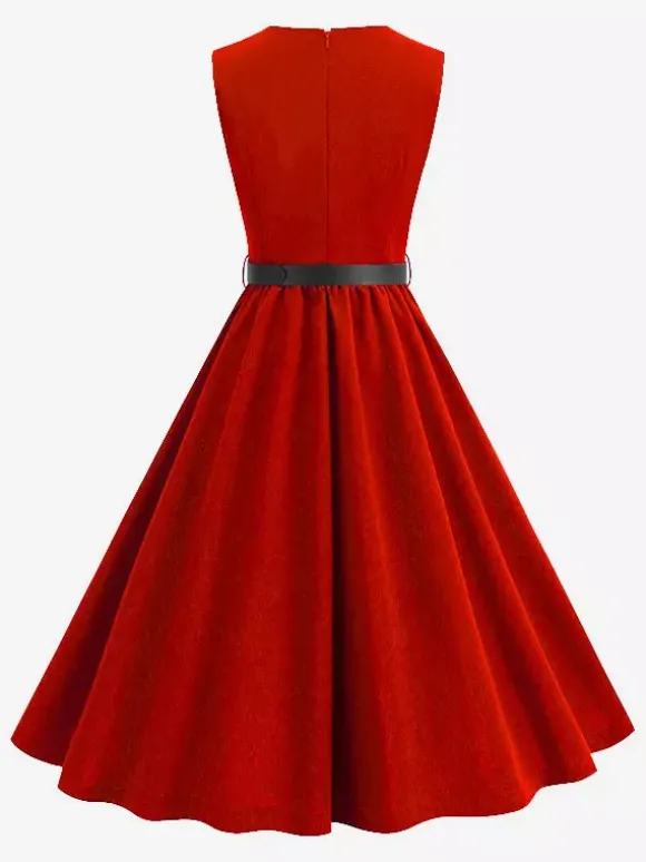 Vintage Chic Red Fitted Waist Midi Dress