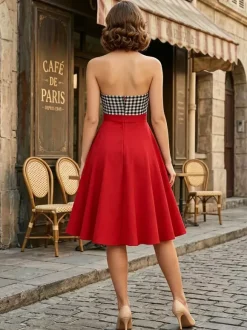 Vintage Chic Red Gingham Halter Maxi Dress
