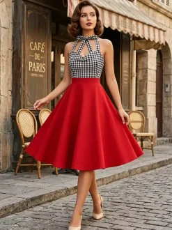 Vintage Chic Red Gingham Halter Maxi Dress
