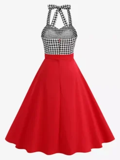 Vintage Chic Red Gingham Halter Maxi Dress