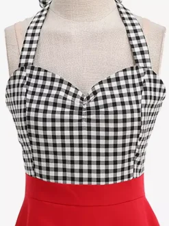 Vintage Chic Red Gingham Halter Maxi Dress