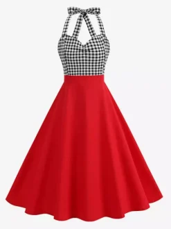 Vintage Chic Red Gingham Halter Maxi Dress