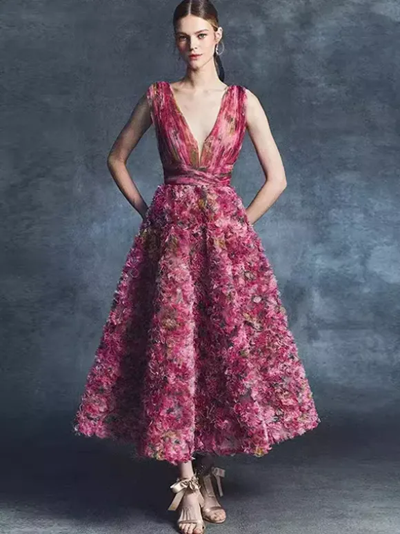 Vintage Cocktail Dress Glamour Ball Gown Tea-Length V-Neck Flowers