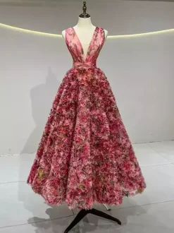 Vintage Cocktail Dress Glamour Ball Gown Tea-Length V-Neck Flowers