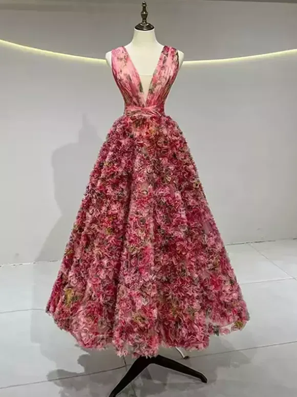 Vintage Cocktail Dress Glamour Ball Gown Tea-Length V-Neck Flowers