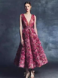 Vintage Cocktail Dress Glamour Ball Gown Tea-Length V-Neck Flowers