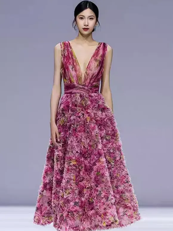 Vintage Cocktail Dress Glamour Ball Gown Tea-Length V-Neck Flowers