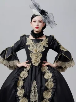 Vintage Dress Baroque Rococo Victorian Court Gown Marie Antoinette Style Gold Embroidery Black Dress