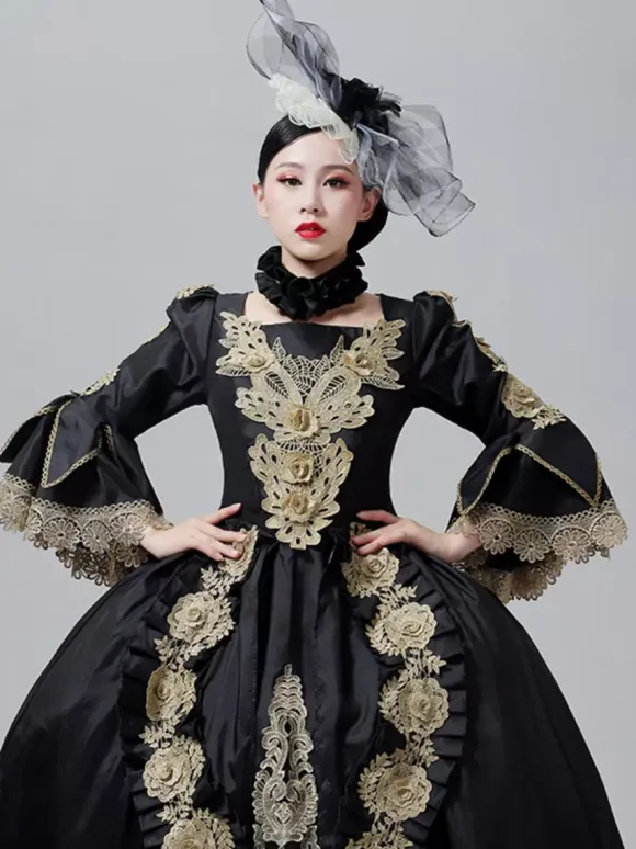 Vintage Dress Baroque Rococo Victorian Court Gown Marie Antoinette Style Gold Embroidery Black Dress