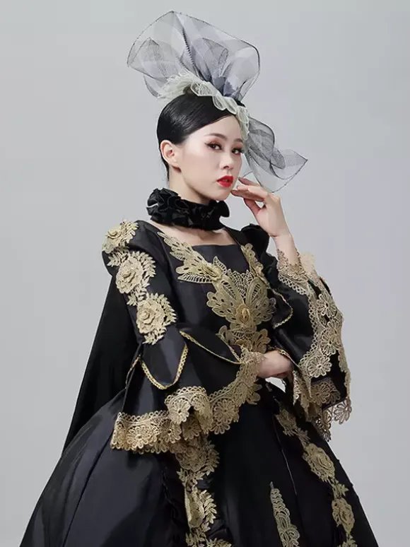 Vintage Dress Baroque Rococo Victorian Court Gown Marie Antoinette Style Gold Embroidery Black Dress