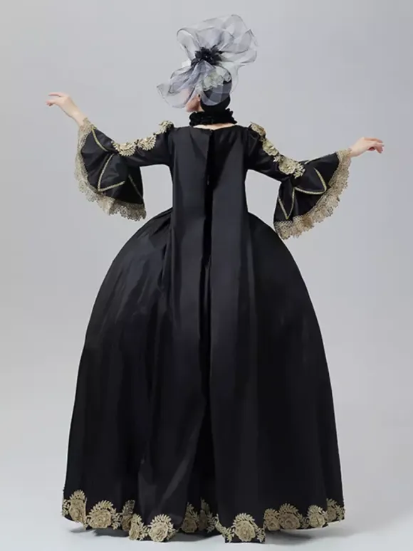 Vintage Dress Baroque Rococo Victorian Court Gown Marie Antoinette Style Gold Embroidery Black Dress