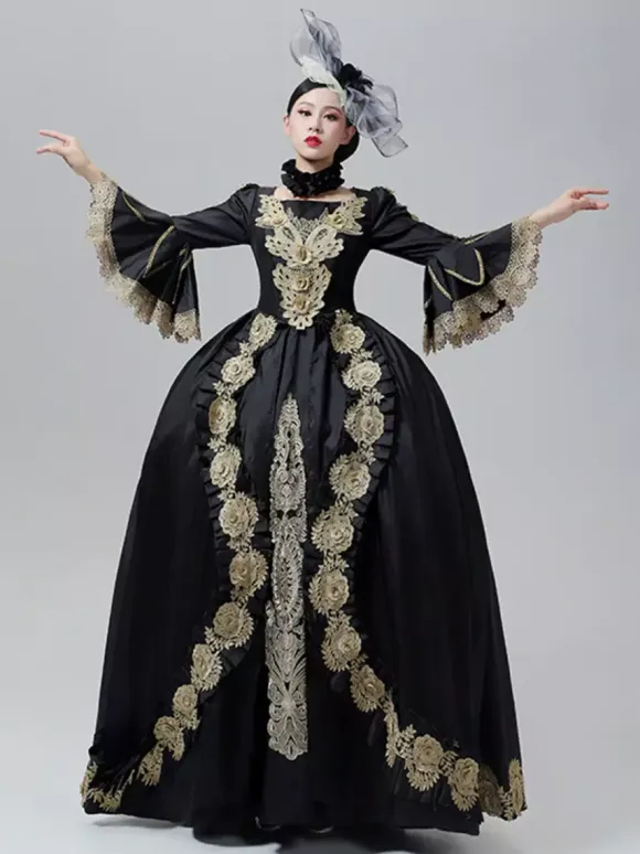 Vintage Dress Baroque Rococo Victorian Court Gown Marie Antoinette Style Gold Embroidery Black Dress