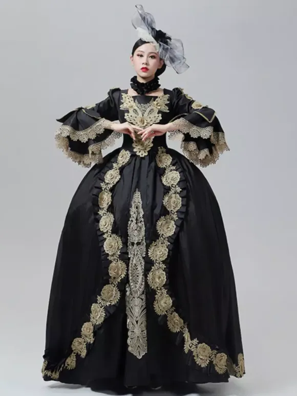 Vintage Dress Baroque Rococo Victorian Court Gown Marie Antoinette Style Gold Embroidery Black Dress