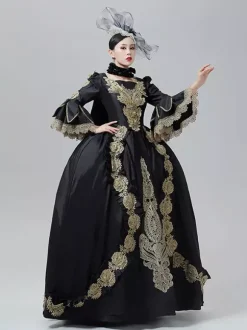 Vintage Dress Baroque Rococo Victorian Court Gown Marie Antoinette Style Gold Embroidery Black Dress