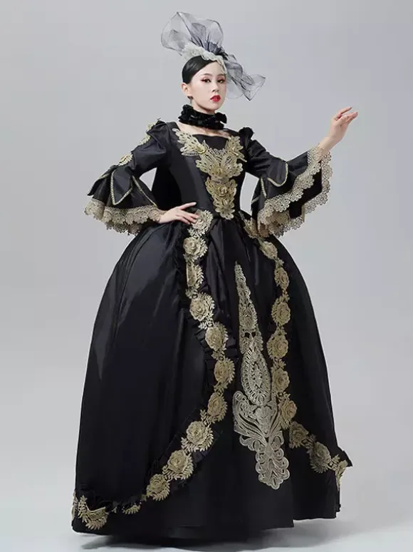 Vintage Dress Baroque Rococo Victorian Court Gown Marie Antoinette Style Gold Embroidery Black Dress
