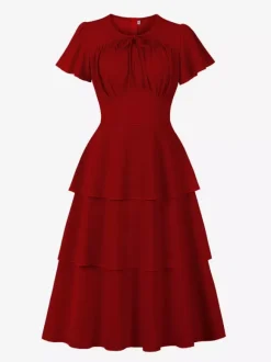 Vintage Dress Women's Elegant Tiered Midi Dress Short Flutter Sleeve Tie Front Fit And Flare Dress