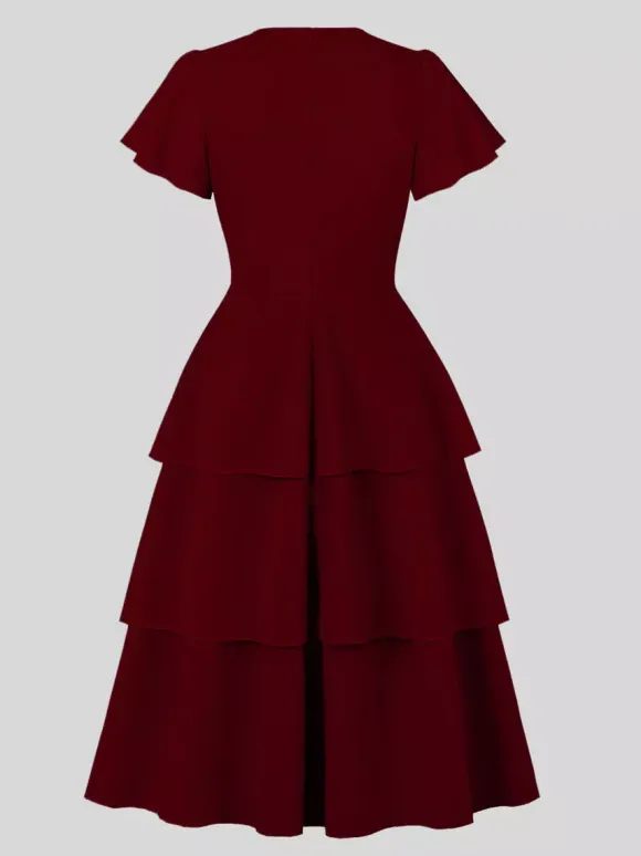 Vintage Dress Women's Elegant Tiered Midi Dress Short Flutter Sleeve Tie Front Fit And Flare Dress