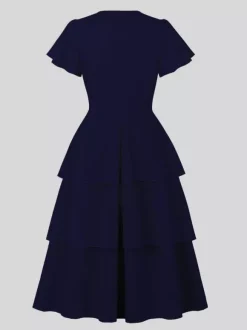Vintage Dress Women's Elegant Tiered Midi Dress Short Flutter Sleeve Tie Front Fit And Flare Dress